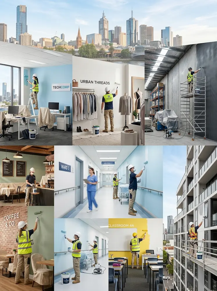 Commercial Painters Deanside | Office & Industrial Painting 17 Composite image of painters working across office, retail, industrial, healthcare, and residential spaces.