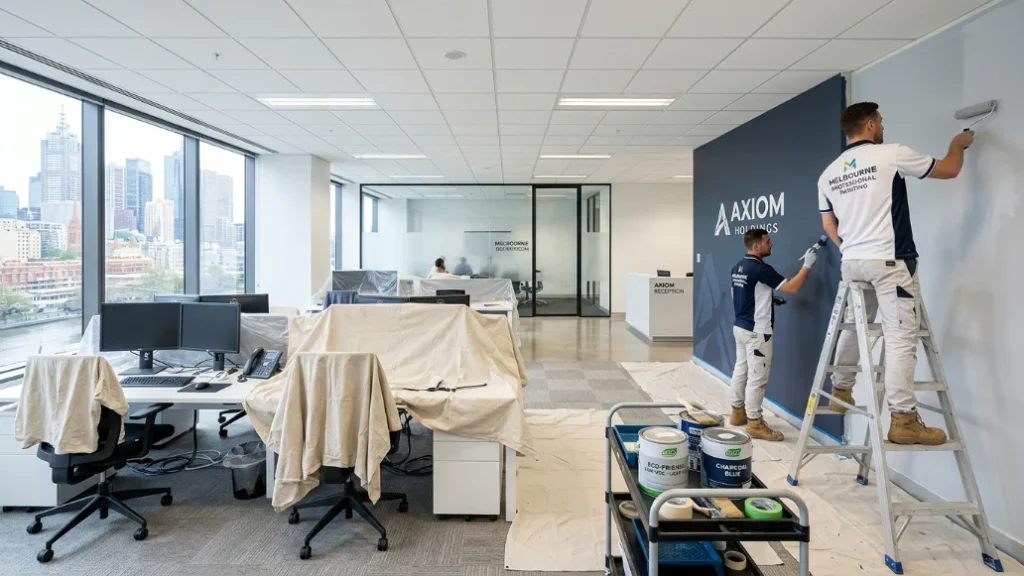 Commercial Painters Deanside | Office & Industrial Painting 4 Commercial painters in Deanside working in a modern office with clean, protected workspace and fresh walls.