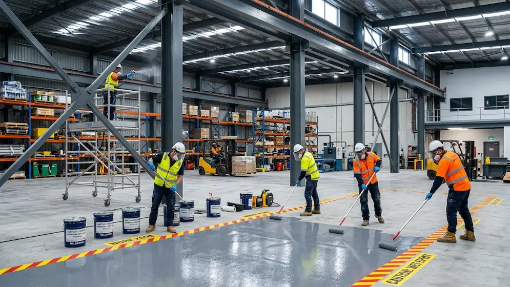 Commercial Painters Deanside | Office & Industrial Painting 5 Industrial painters applying epoxy floor coating in a warehouse with safety markings and protective gear.