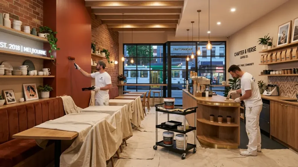 Commercial Painters Deanside | Office & Industrial Painting 6 Painters working in a stylish café with neatly covered furniture and fresh branded walls.