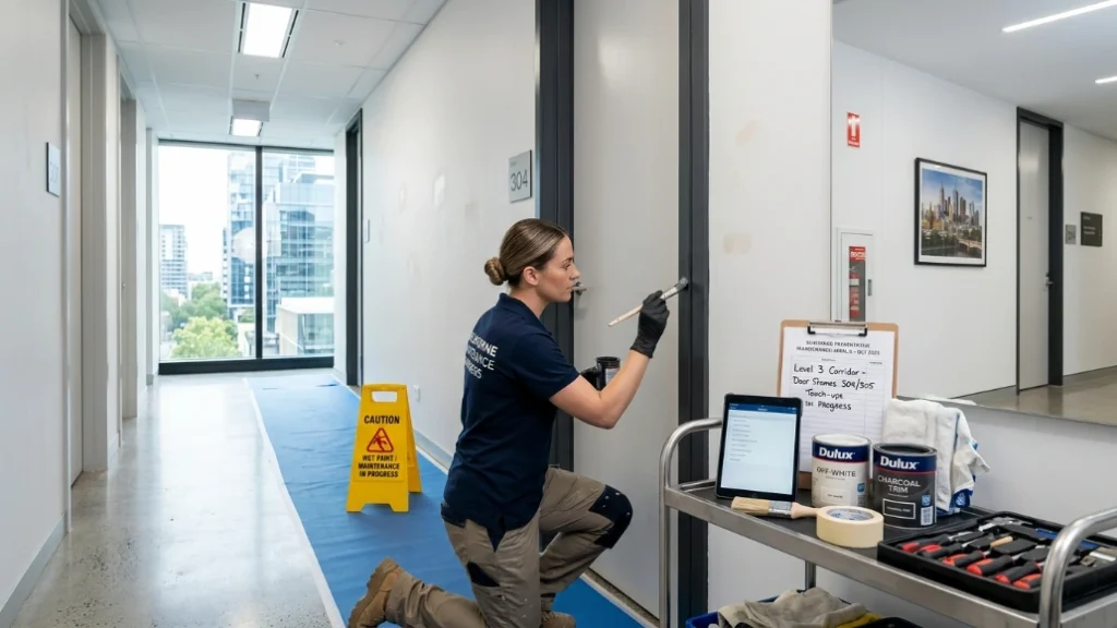 Commercial Painters Deanside | Office & Industrial Painting 8 Painter performing detailed maintenance touch-ups in a clean commercial hallway with tools and inspection notes.