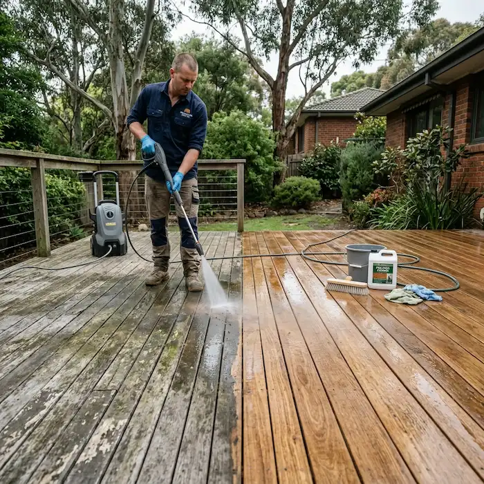 Professional deck cleaner pressure washing a weathered timber deck to remove mold, dirt, and old coatings.