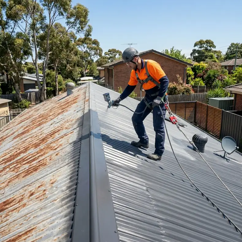 Professional roof painter in Melbourne painting a roof.