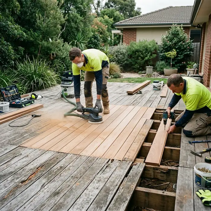Tradesmen sanding and repairing damaged timber decking boards to prepare a smooth surface for staining.