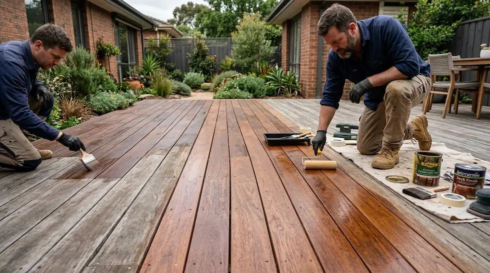 Painters in Bundoora: Interior & Exterior Painting Services 10 Professional applying premium deck oil to restored timber decking, enhancing natural wood grain and protection.
