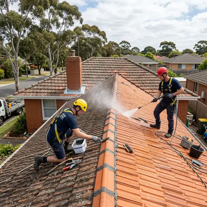 Painters in Bundoora: Interior & Exterior Painting Services 8 Two workers in safety gear clean a red-tiled roof. One sprays water, while the other scrubs.