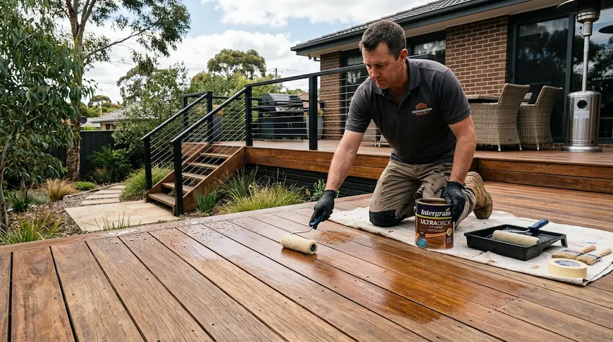 Freshly restored timber deck being sealed with a protective UV-resistant coating for long-lasting outdoor durability.