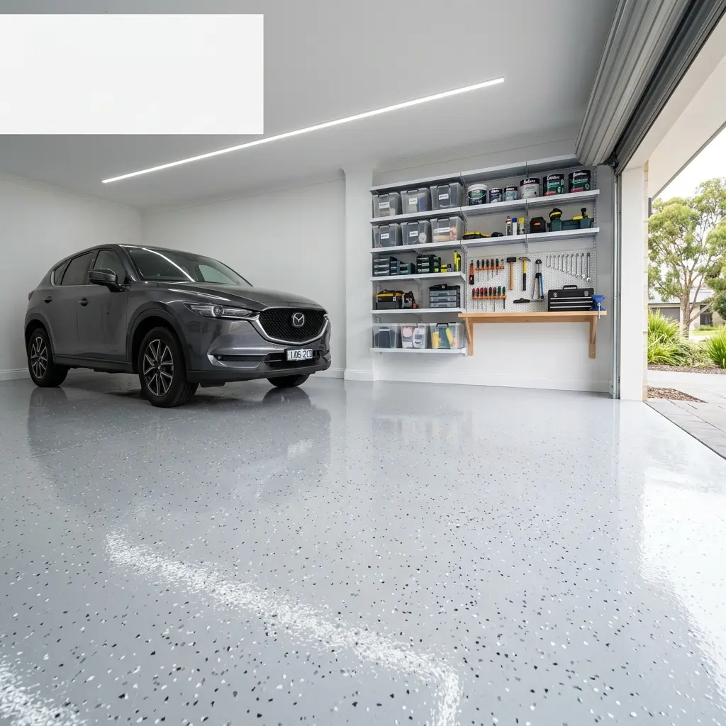 Painters in Bundoora: Interior & Exterior Painting Services 9 Photorealistic Melbourne home garage with glossy grey flake epoxy floor, clean walls, SUV parked inside, and organized tools reflecting on the smooth sealed surface.