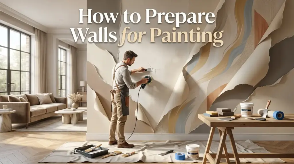 Professional preparing walls for painting with a creative reveal-style background.