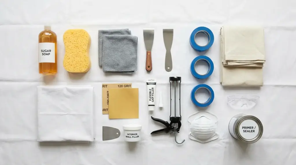 Essential wall preparation tools neatly arranged for a painting project.
