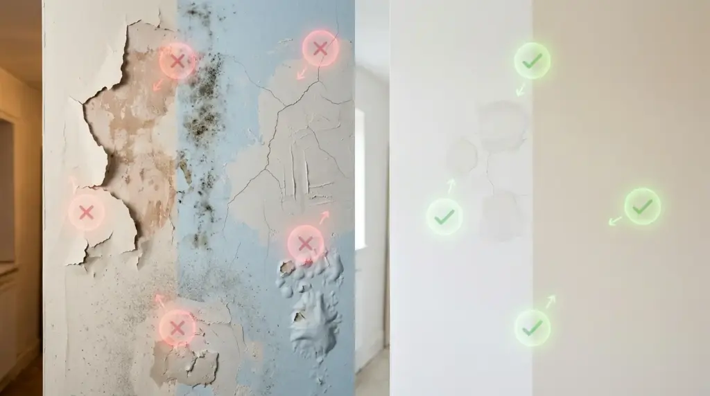 Split-screen comparison showing poor walls preparation versus proper preparation before painting.